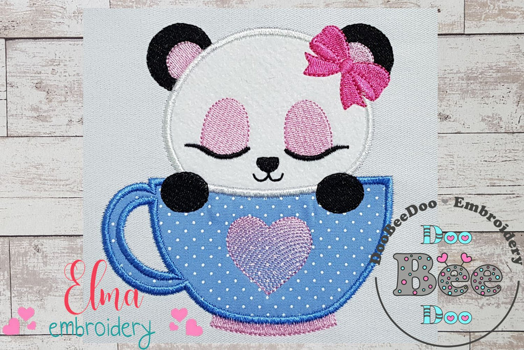 Panda Bear Girl in the Cup - Applique - 4x4 5x5 6x6 7x7