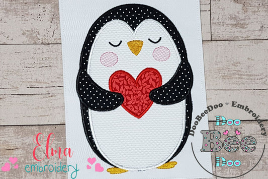 Penguin Holding a Heart - Applique - Machine Embroidery Design