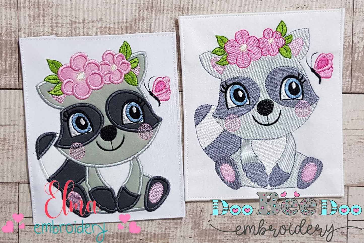 Raccoon Girl with Flowers - Applique & Fill Stitch - Set of 2 designs