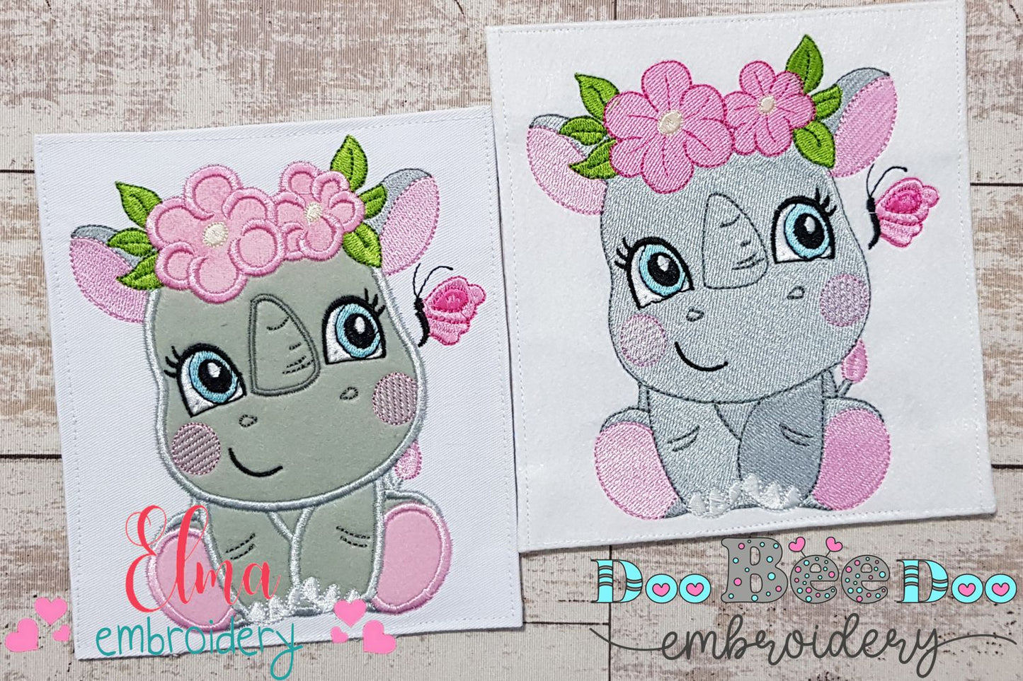Rhinocero Girl with Flowers - Applique & Fill Stitch