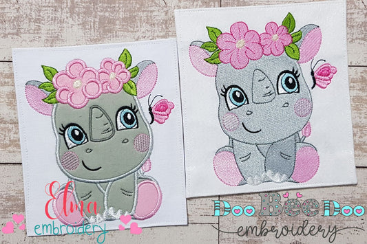 Rhinocero Girl with Flowers - Applique & Fill Stitch