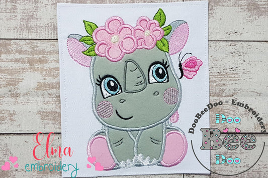 Rhinocero Girl with Flowers - Applique