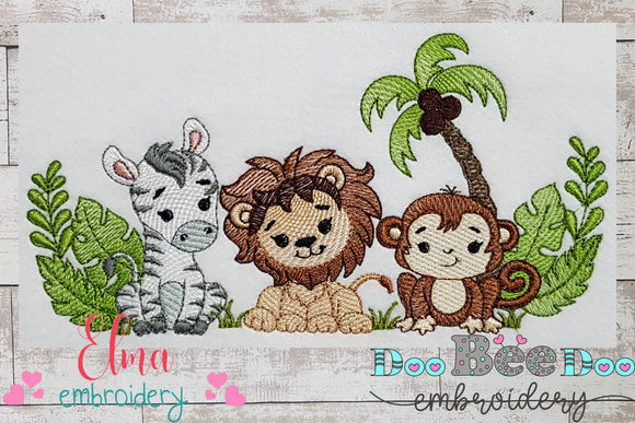Animals Safari Zebra, Lion and Monkey - Fill Stitch - Machine Embroidery Design