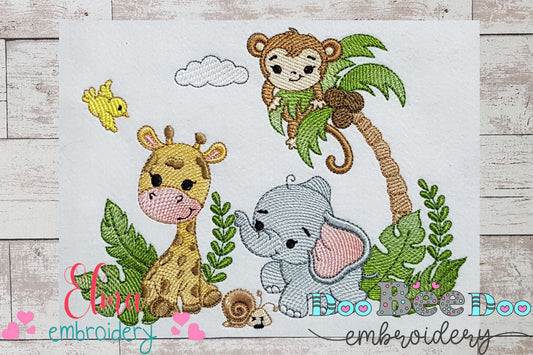 Animals Safari Giraffe, Elephant and Monkey - Fill Stitch
