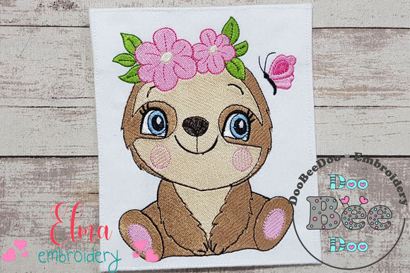 Sloth Girl with Flowers - Fill Stitch Embroidery