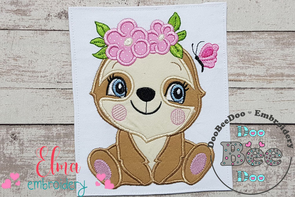 Sloth Girl with Flowers - Applique