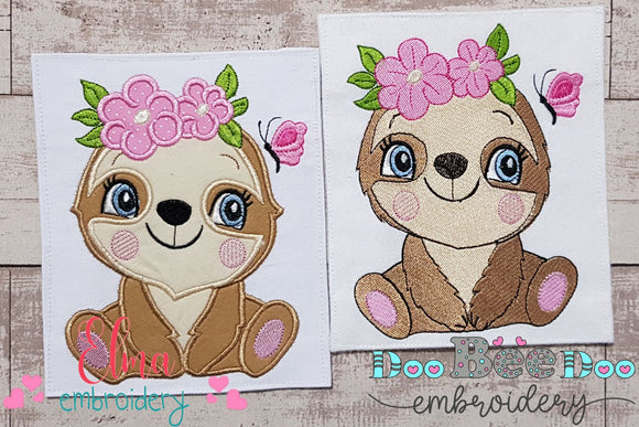 Sloth Girl with Flowers - Applique & Fill Stitch - Set of 2 designs