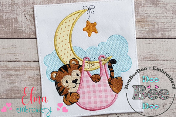 Baby Tiger Hanging from the Moon - Applique - Machine Embroidery Design