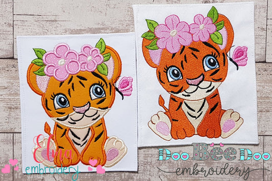 Tiger Girl with Flowers - Applique & Fill Stitch - Set of 2 designs