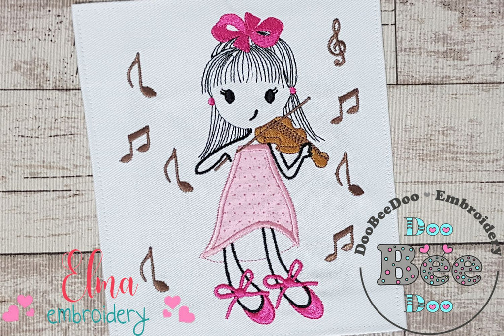 Swirly Girl Playing Violin - Applique Embroidery
