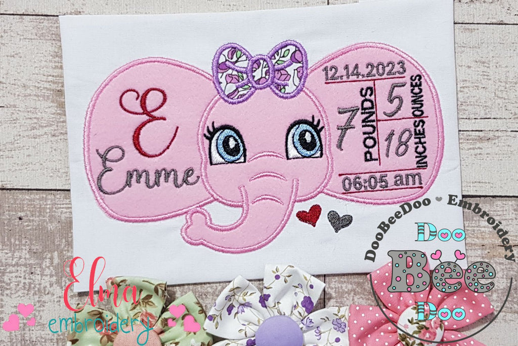 Baby Girl Elephant Birth Announcement Template - Applique