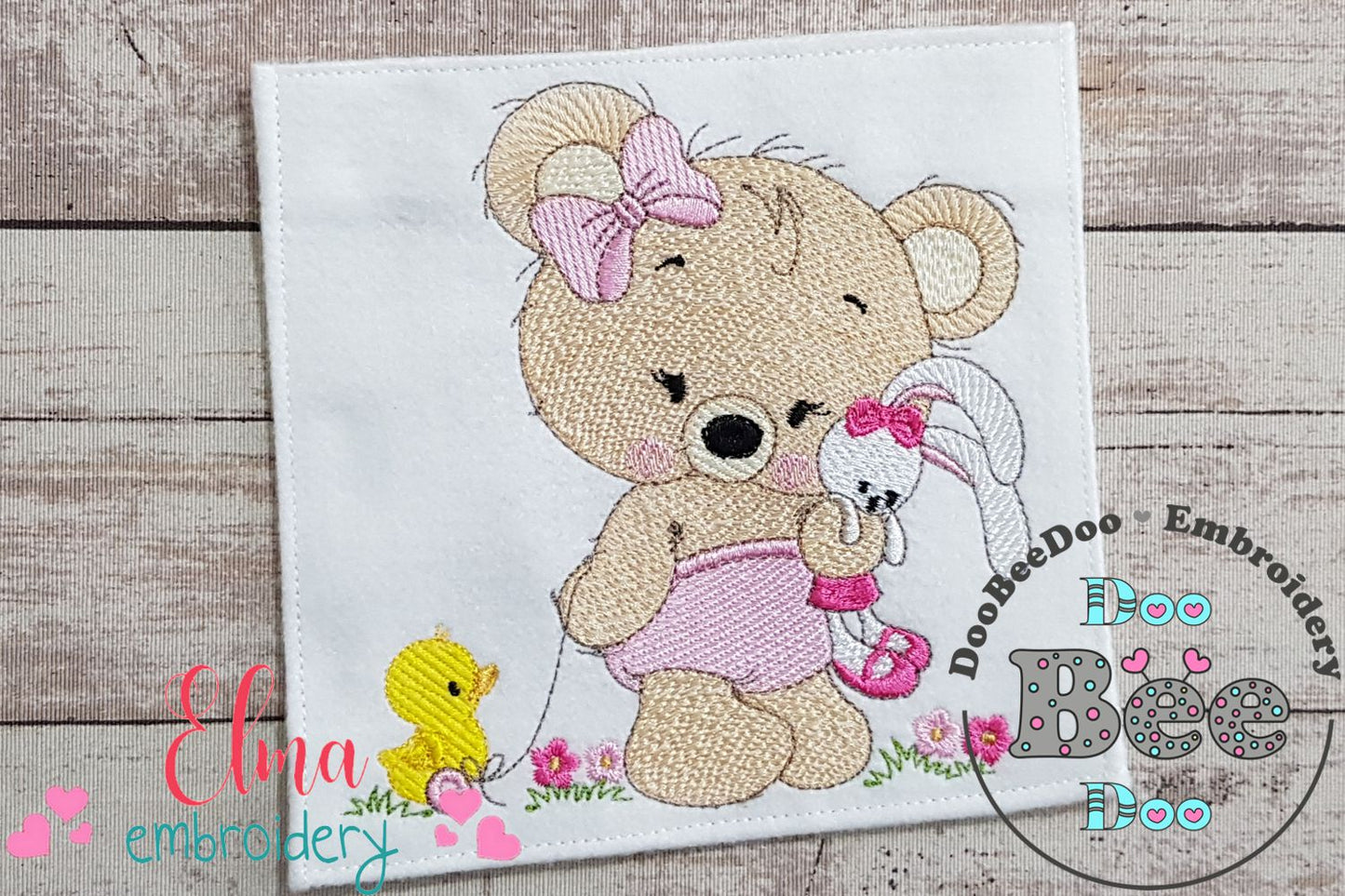 Baby Teddy Bear Girl with Bunny - Fill Stitch Embroidery