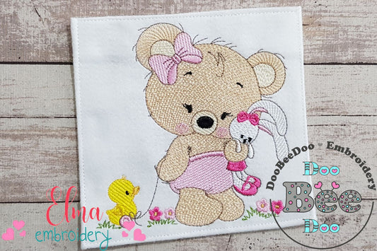Baby Teddy Bear Girl with Bunny - Fill Stitch Embroidery