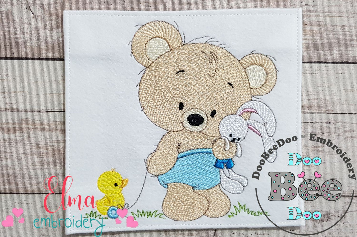 Baby Teddy Bear Boy with Bunny - Fill Stitch Embroidery