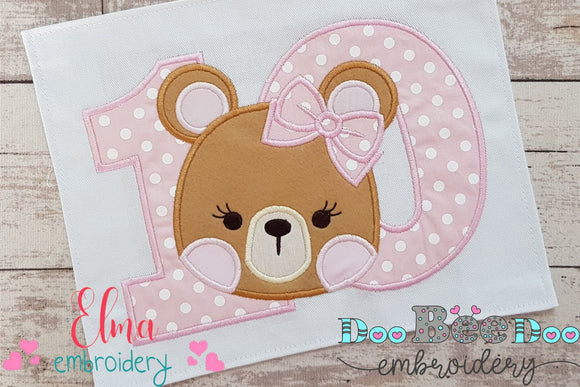 Teddy Bear Girl Number Ten 10 Tenth Birthday - Applique