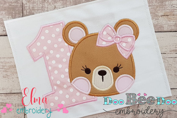 Teddy Bear Girl Number 1 One 1st Birthday - Applique