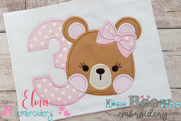 Teddy Bear Girl Number 3 Three 3rd Birthday - Applique