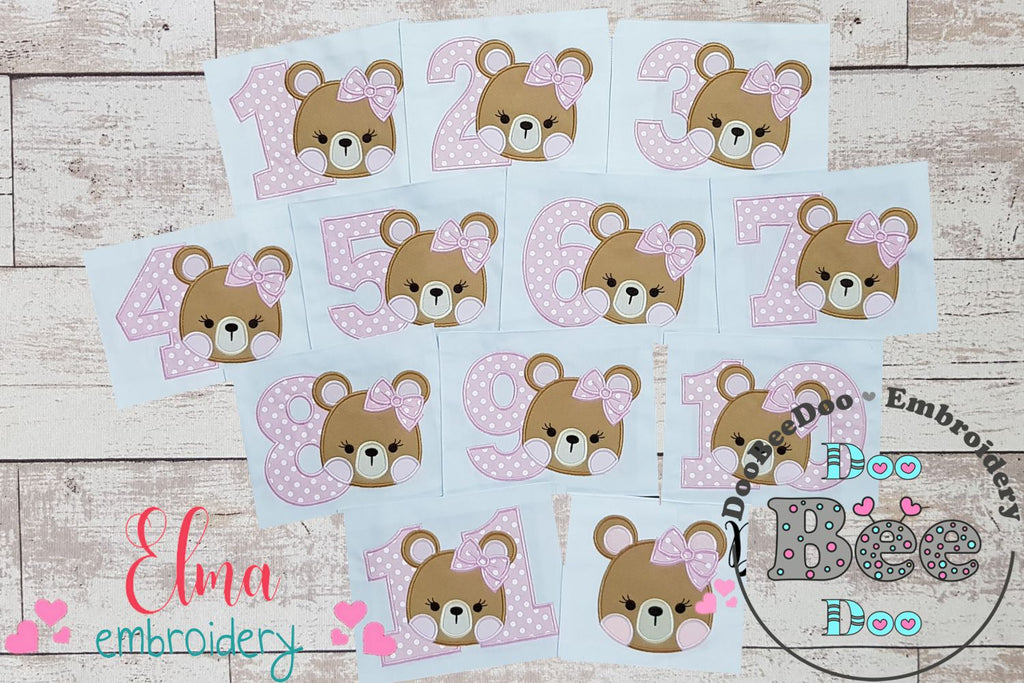 Teddy Bear Girl Birthday Set Numbers 1-11 - Applique