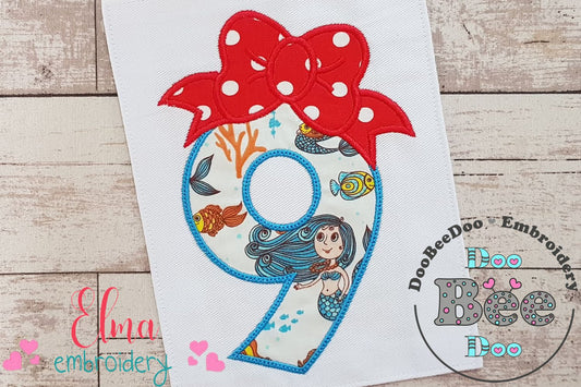 Big Bow Number 9 Nine 9th Birthday - Applique