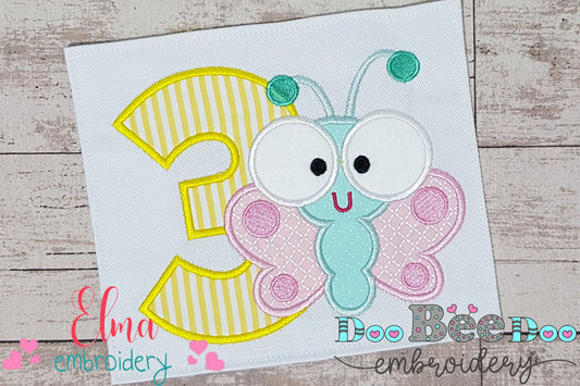 Butterfly Birthday Number Three 3rd Birthday - Applique
