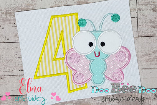 Butterfly Birthday Number Four 4th Birthday - Applique
