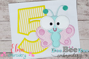 Butterfly Birthday Number Five 5th Birthday - Applique