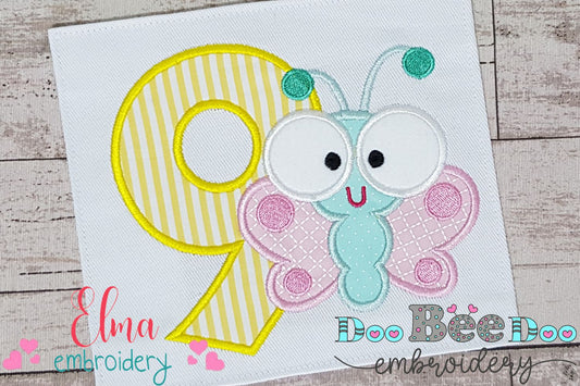 Butterfly Birthday Number Nine 9th Birthday - Applique