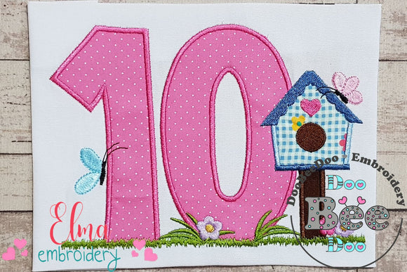 Bird House Number 10 ten 10th Birthday - Applique