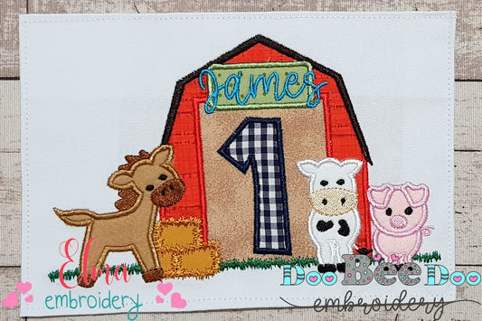 Barn 1st Birthday Farm Animals Number 1 One  - Applique