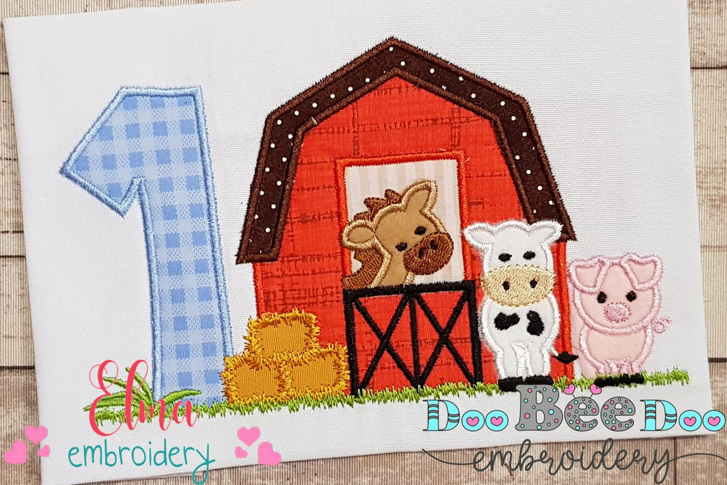 Barn 1st Birthday Farm Animals Number 1 One  - Applique - Machine Embroidery Design