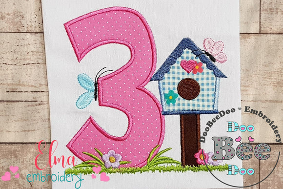 Bird House Number 3 Three 3rd Birthday - Applique