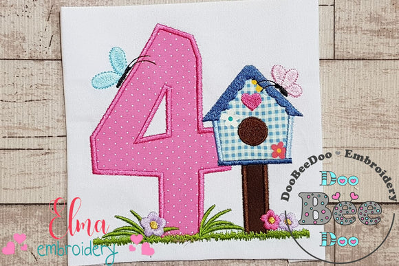 Bird House Number 4 Four 4th Birthday - Applique