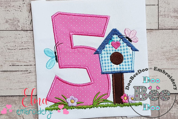 Bird House Number 5 Five 5th Birthday - Applique