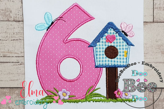 Bird House Number 6 Six 6th Birthday - Applique