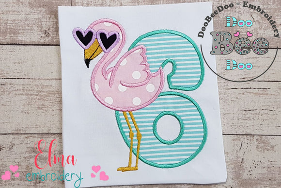 Flamingo with Sunglasses Number 6 Six 6th Birthday - Applique