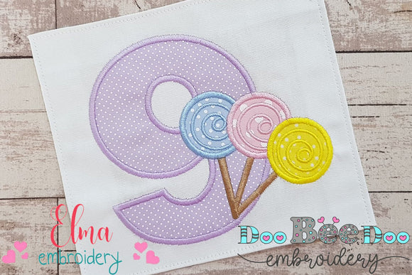 Lollipop Candy Number 9 Nine 9th Birthday - Applique