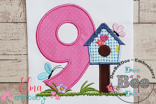 Bird House Number 9 Nine 9th Birthday - Applique