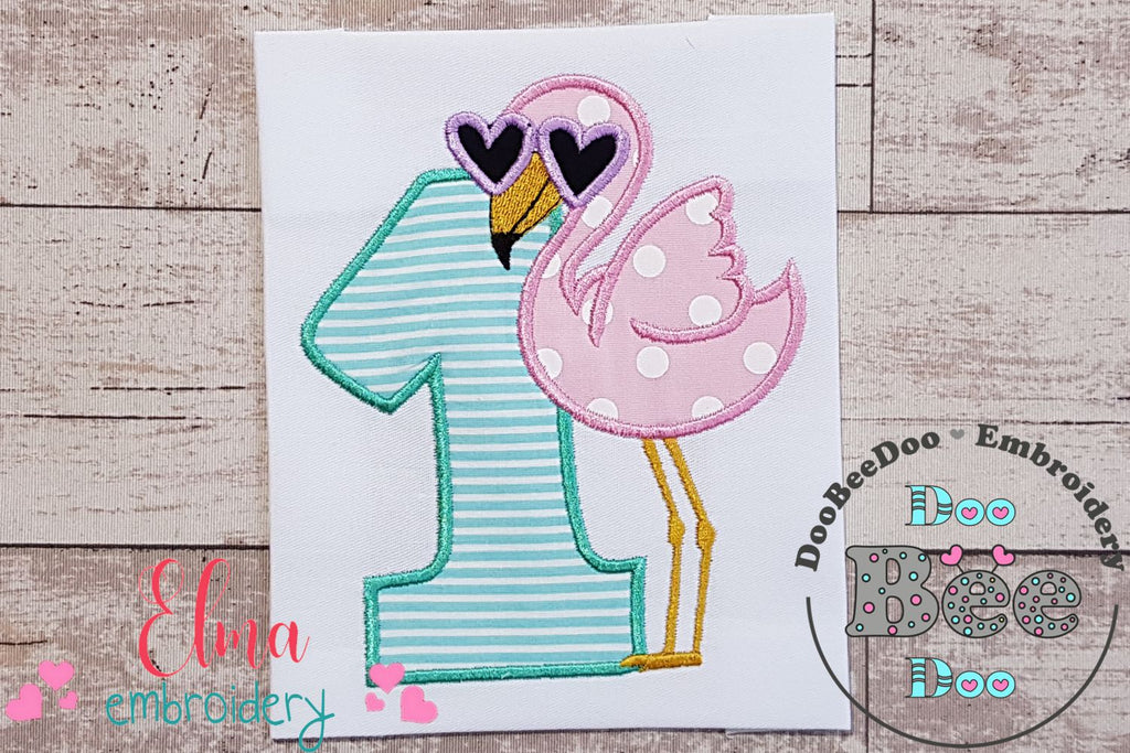 Flamingo with Sunglasses One First Birthday Number 1 One - Applique