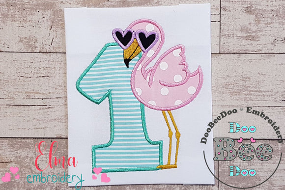 Flamingo with Sunglasses One First Birthday Number 1 One - Applique