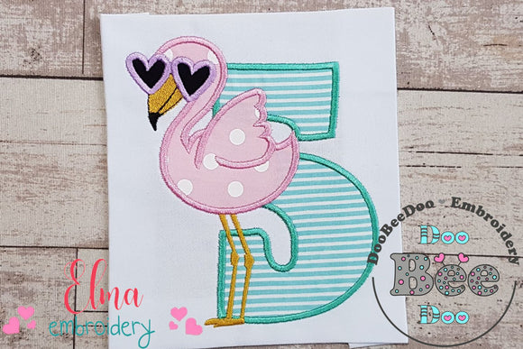 Flamingo with Sunglasses 5th Birthday Number 5 Five - Applique - Machine Embroidery Design
