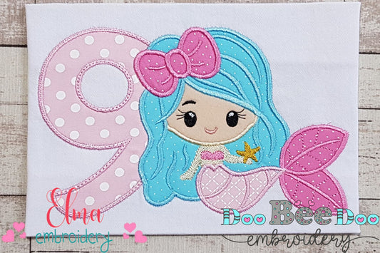 Mermaid Number 9 Nine 9th Nineth Birthday Number 9 - Applique