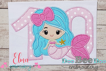 Mermaid Number 10 Ten 10th Tenth Birthday Number 10 - Applique