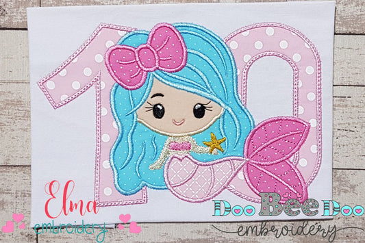 Mermaid Number 10 Ten 10th Tenth Birthday Number 10 - Applique