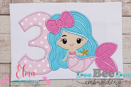 Mermaid Number 3 Three 3rd Third Birthday Number 3 - Applique