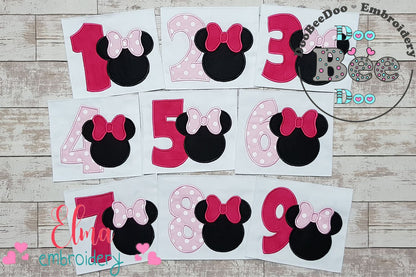 Mouse Ears Girl Numbers 1-9 Birthday Set Numbers - Applique