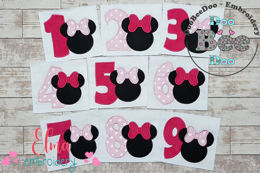 Mouse Ears Girl Numbers 1-9 Birthday Set Numbers - Applique