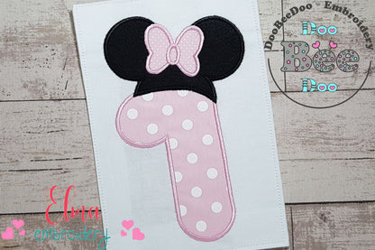 Mouse Ears Girl Hat Number 1 One 1st Birthday - Applique
