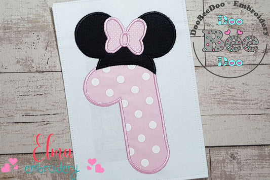 Mouse Ears Girl Hat Number 1 One 1st Birthday - Applique