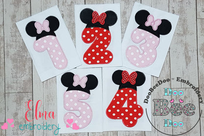 Mouse Ears Girl Numbers 1-5 Birthday Set Numbers - Applique