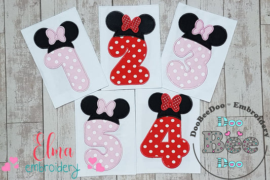 Mouse Ears Girl Numbers 1-5 Birthday Set Numbers - Applique